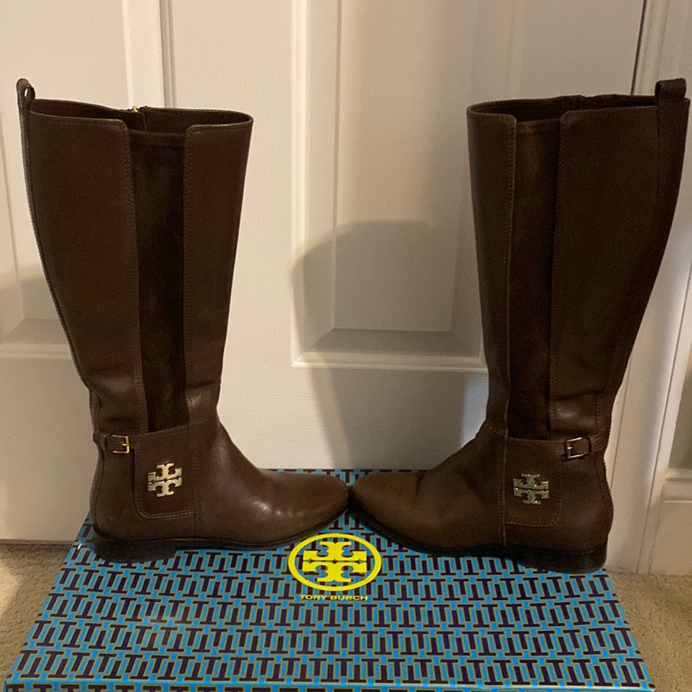 Tory Burch Wyatt Boots - Burnt Chocolate Calf Leather/Stretch - Size 8